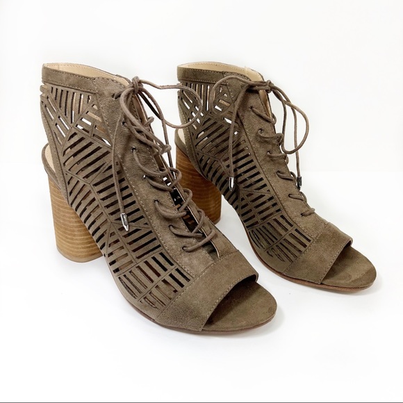 Sam Edelman Rocco Lace Up Heel Sandals Taupe Laser Cut Faux Suede Booties - Picture 1 of 10